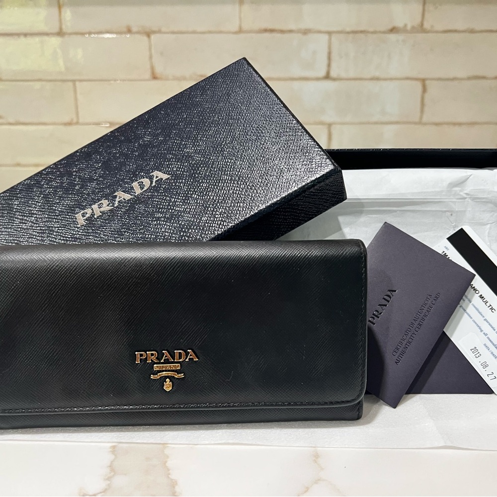 Prada Nero+Peonia Saffiano Leather Wallet with Gold Logo